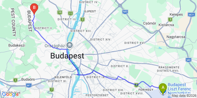 Map: Budapest Airport (BUD), Ferihegy, Liszt Ferenc to Budapest 1028