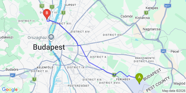 Map: Budapest Airport (BUD), Ferihegy, Liszt Ferenc to Budapest 1032