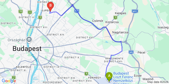 Map: Budapest Airport (BUD), Ferihegy, Liszt Ferenc to Budapest 1041