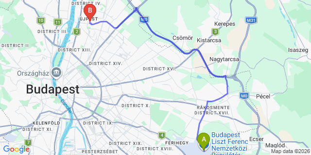 Map: Budapest Airport (BUD), Ferihegy, Liszt Ferenc to Budapest 1042