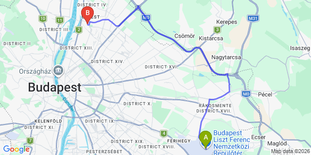 Map: Budapest Airport (BUD), Ferihegy, Liszt Ferenc to Budapest 1043