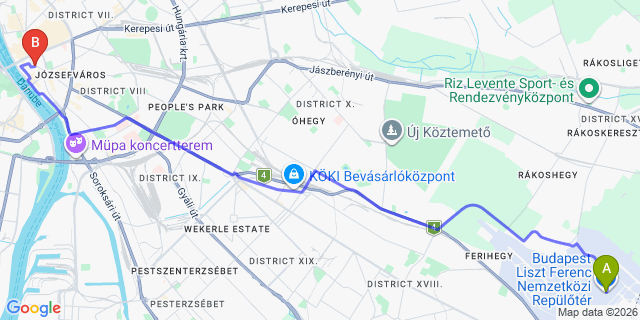 Map: Budapest Airport (BUD), Ferihegy, Liszt Ferenc to Budapest 1053