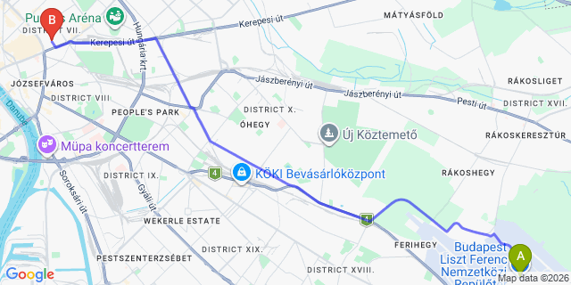 Map: Budapest Airport (BUD), Ferihegy, Liszt Ferenc to Budapest 1074