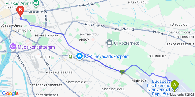 Map: Budapest Airport (BUD), Ferihegy, Liszt Ferenc to Budapest 1081