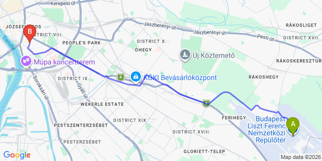 Map: Budapest Airport (BUD), Ferihegy, Liszt Ferenc to Budapest 1094
