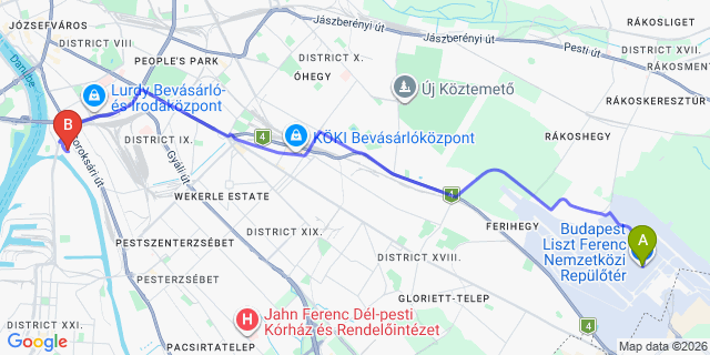 Map: Budapest Airport (BUD), Ferihegy, Liszt Ferenc to Budapest 1095