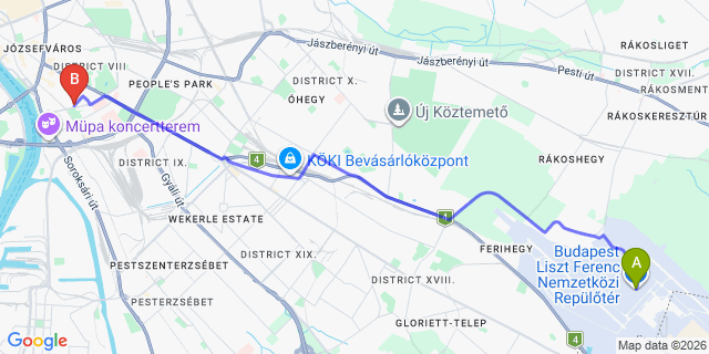 Map: Budapest Airport (BUD), Ferihegy, Liszt Ferenc to Budapest 1096