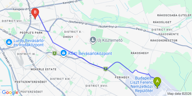 Map: Budapest Airport (BUD), Ferihegy, Liszt Ferenc to Budapest 1101
