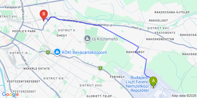 Map: Budapest Airport (BUD), Ferihegy, Liszt Ferenc to Budapest 1102