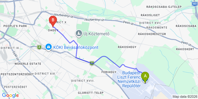 Map: Budapest Airport (BUD), Ferihegy, Liszt Ferenc to Budapest 1104