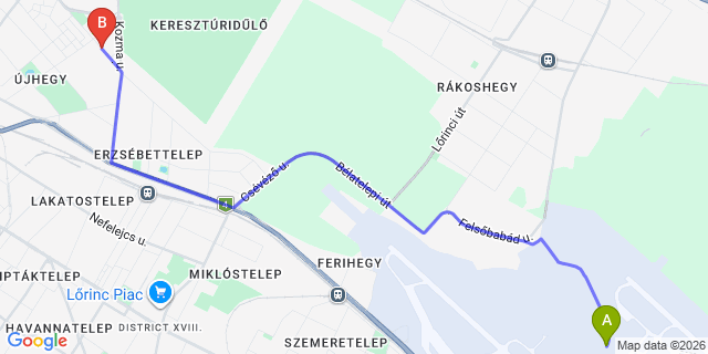 Map: Budapest Airport (BUD), Ferihegy, Liszt Ferenc to Budapest 1108