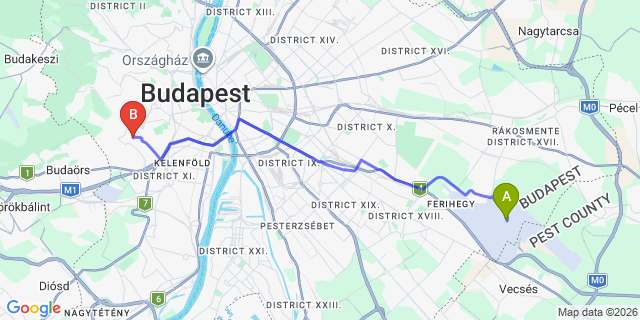 Map: Budapest Airport (BUD), Ferihegy, Liszt Ferenc to Budapest 1112