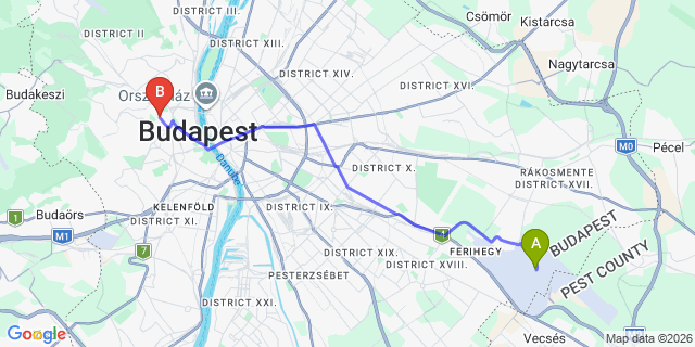 Map: Budapest Airport (BUD), Ferihegy, Liszt Ferenc to Budapest 1122