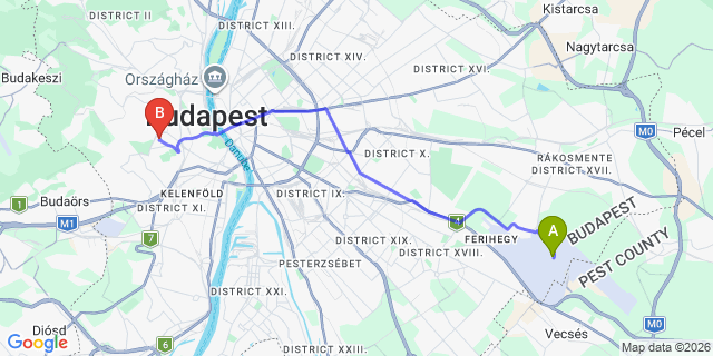 Map: Budapest Airport (BUD), Ferihegy, Liszt Ferenc to Budapest 1124