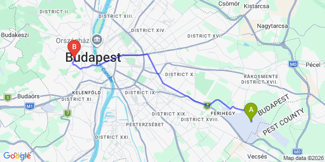 Map: Budapest Airport (BUD), Ferihegy, Liszt Ferenc to Budapest 1126
