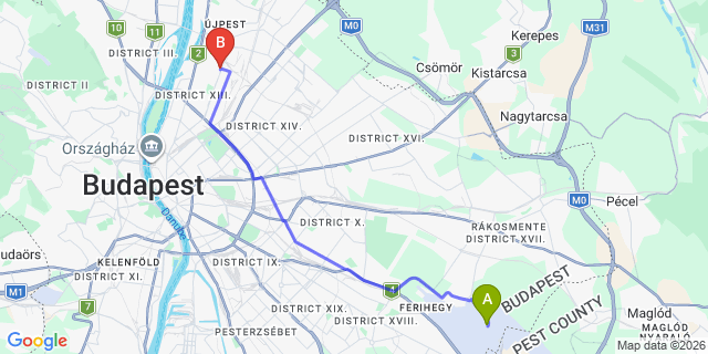 Map: Budapest Airport (BUD), Ferihegy, Liszt Ferenc to Budapest 1131