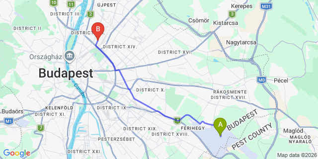 Map: Budapest Airport (BUD), Ferihegy, Liszt Ferenc to Budapest 1135