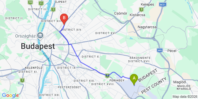 Map: Budapest Airport (BUD), Ferihegy, Liszt Ferenc to Budapest 1142