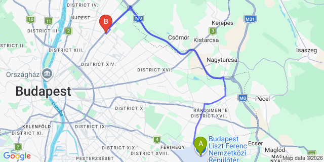 Map: Budapest Airport (BUD), Ferihegy, Liszt Ferenc to Budapest 1154