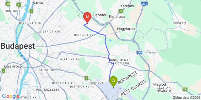 Map: Budapest Airport (BUD), Ferihegy, Liszt Ferenc to Budapest 1162