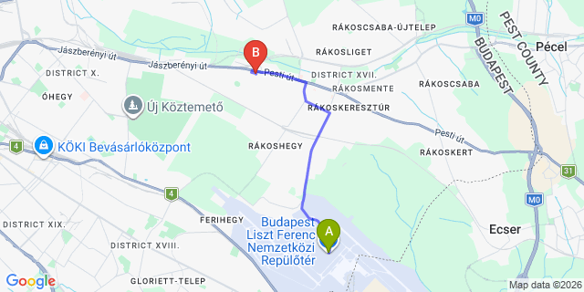 Map: Budapest Airport (BUD), Ferihegy, Liszt Ferenc to Budapest 1173