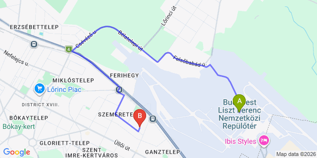 Map: Budapest Airport (BUD), Ferihegy, Liszt Ferenc to Budapest 1185