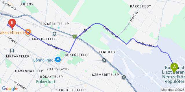 Map: Budapest Airport (BUD), Ferihegy, Liszt Ferenc to Budapest 1193