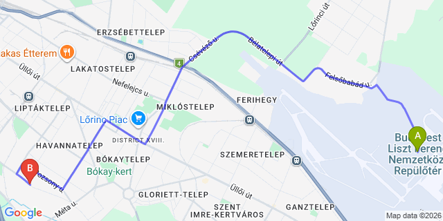 Map: Budapest Airport (BUD), Ferihegy, Liszt Ferenc to Budapest 1194