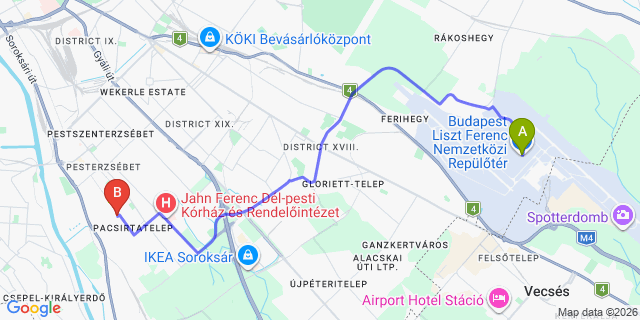 Map: Budapest Airport (BUD), Ferihegy, Liszt Ferenc to Budapest 1201