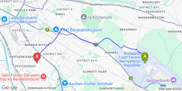 Map: Budapest Airport (BUD), Ferihegy, Liszt Ferenc to Budapest 1202