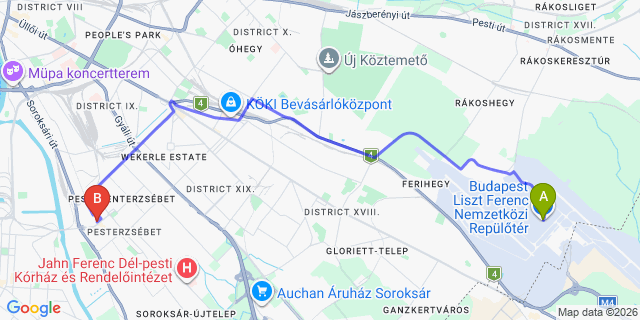 Map: Budapest Airport (BUD), Ferihegy, Liszt Ferenc to Budapest 1203