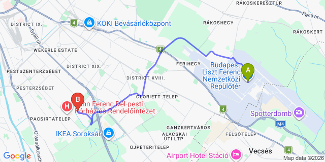 Map: Budapest Airport (BUD), Ferihegy, Liszt Ferenc to Budapest 1204