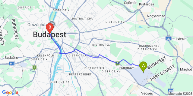 Map: Budapest Airport (BUD), Ferihegy, Liszt Ferenc to Budapest 1234