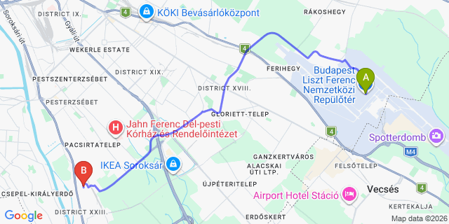 Map: Budapest Airport (BUD), Ferihegy, Liszt Ferenc to Budapest 1238