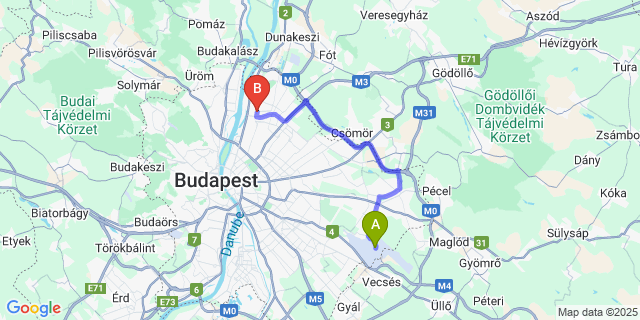 Map: Budapest Airport (BUD), Ferihegy, Liszt Ferenc to budapest IV.