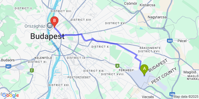 Map: Budapest Airport (BUD), Ferihegy, Liszt Ferenc to cancelBudapest Nyugati train station