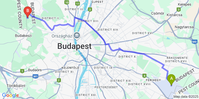 Map: Budapest Airport (BUD), Ferihegy, Liszt Ferenc to Budapest Petnehazy Club Hotel