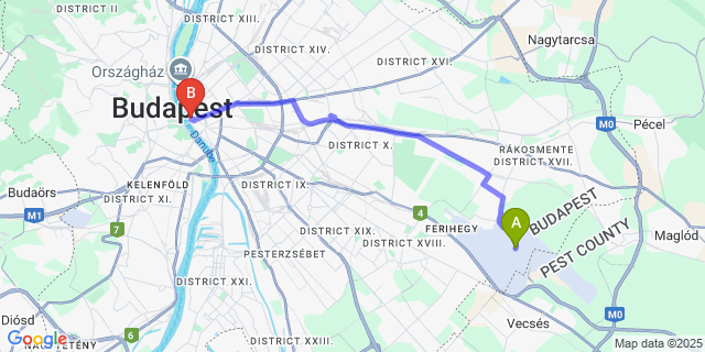 Map: Budapest Airport (BUD), Ferihegy, Liszt Ferenc to Budapest Promenade Cherry