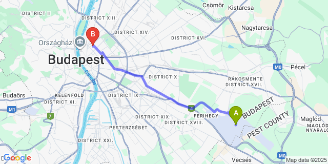 Map: Budapest Airport (BUD), Ferihegy, Liszt Ferenc to budapest VI.