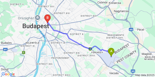 Map: Budapest Airport (BUD), Ferihegy, Liszt Ferenc to budapest VII.