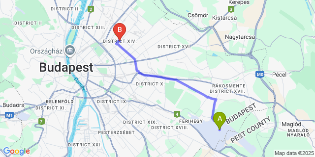 Map: Budapest Airport (BUD), Ferihegy, Liszt Ferenc to budapest XIV.