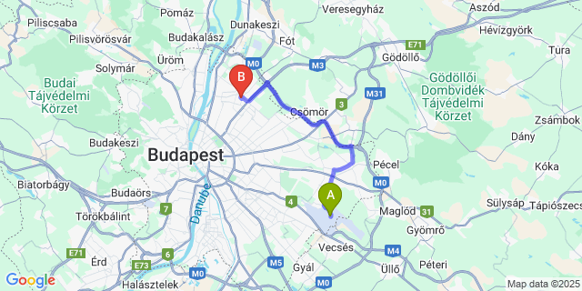 Map: Budapest Airport (BUD), Ferihegy, Liszt Ferenc to budapest XV.