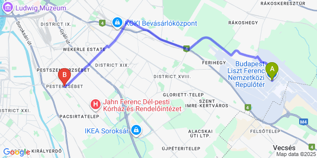 Map: Budapest Airport (BUD), Ferihegy, Liszt Ferenc to budapest XX.