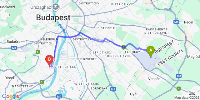 Map: Budapest Airport (BUD), Ferihegy, Liszt Ferenc to budapest XXII