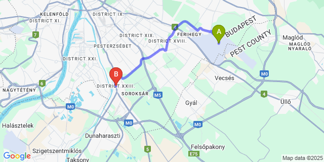 Map: Budapest Airport (BUD), Ferihegy, Liszt Ferenc to budapest XXIII.