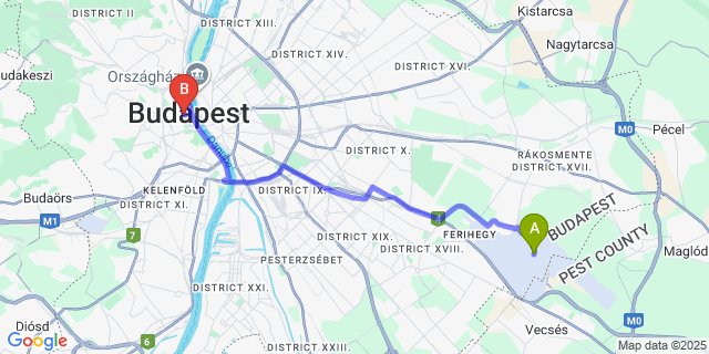Map: Budapest Airport (BUD), Ferihegy, Liszt Ferenc to Budavar Bed and Breakfast