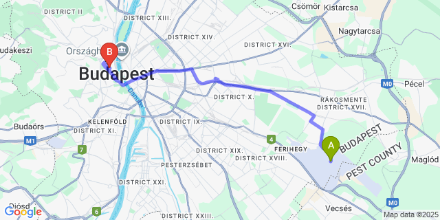 Map: Budapest Airport (BUD), Ferihegy, Liszt Ferenc to Burg Hotel
