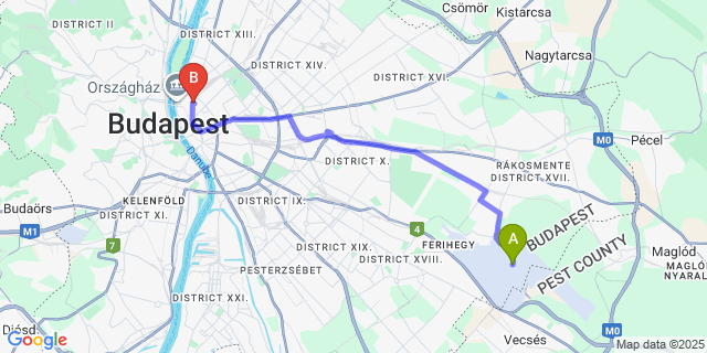 Map: Budapest Airport (BUD), Ferihegy, Liszt Ferenc to Butik Art Hotel