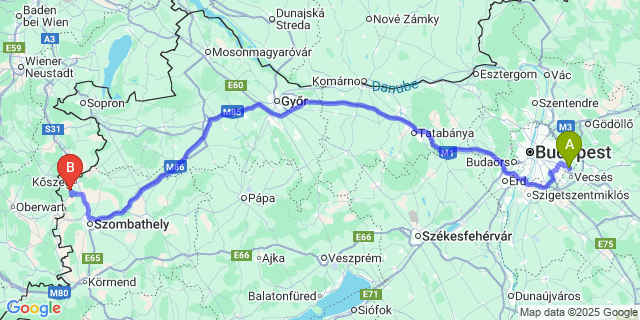 Map: Budapest Airport (BUD), Ferihegy, Liszt Ferenc to Cák
