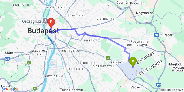 Map: Budapest Airport (BUD), Ferihegy, Liszt Ferenc to Casati Hotel – Adults Only